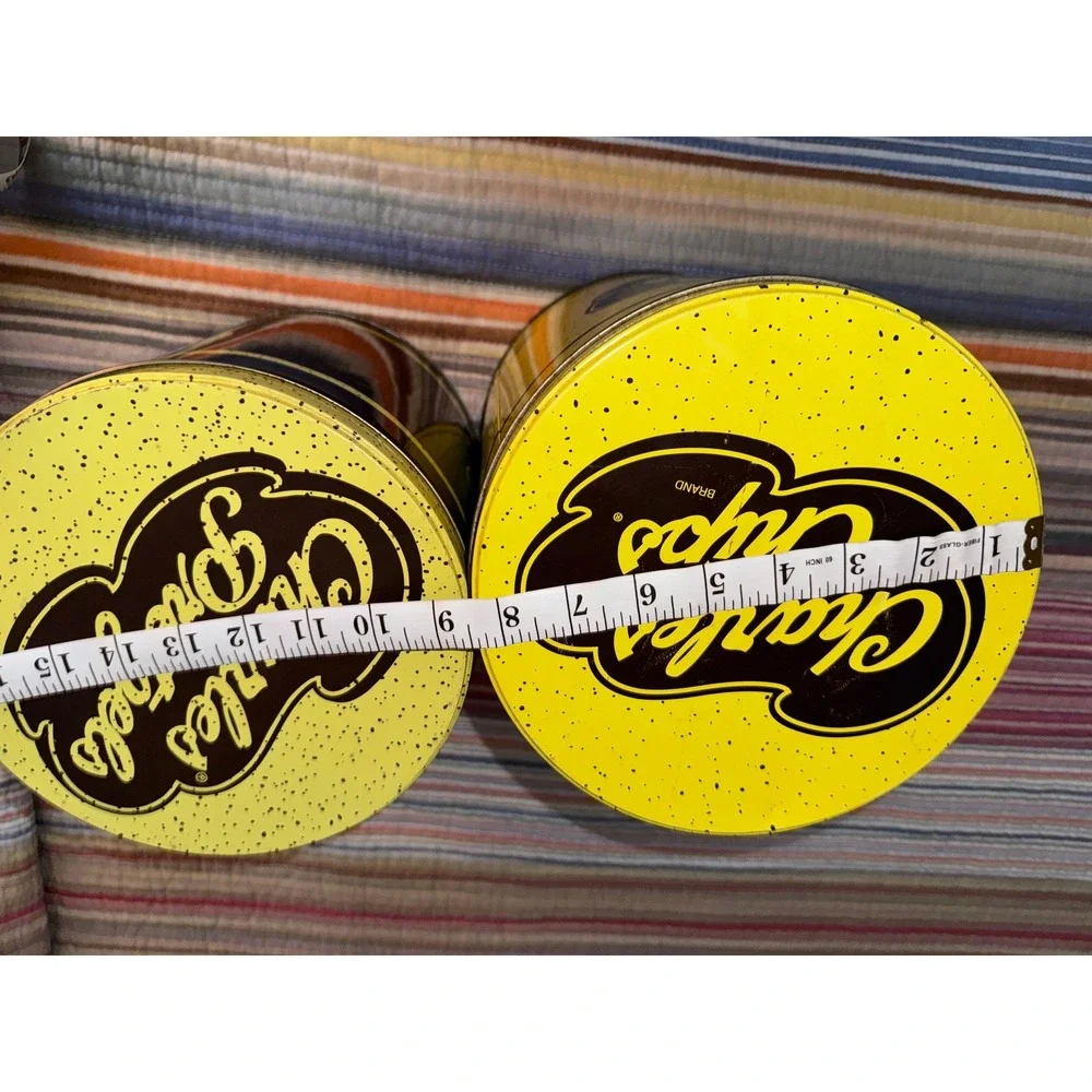 Vintage Charles Chips and Charles Pretzels Tin Set Yellow Brown Retro Snack Cans